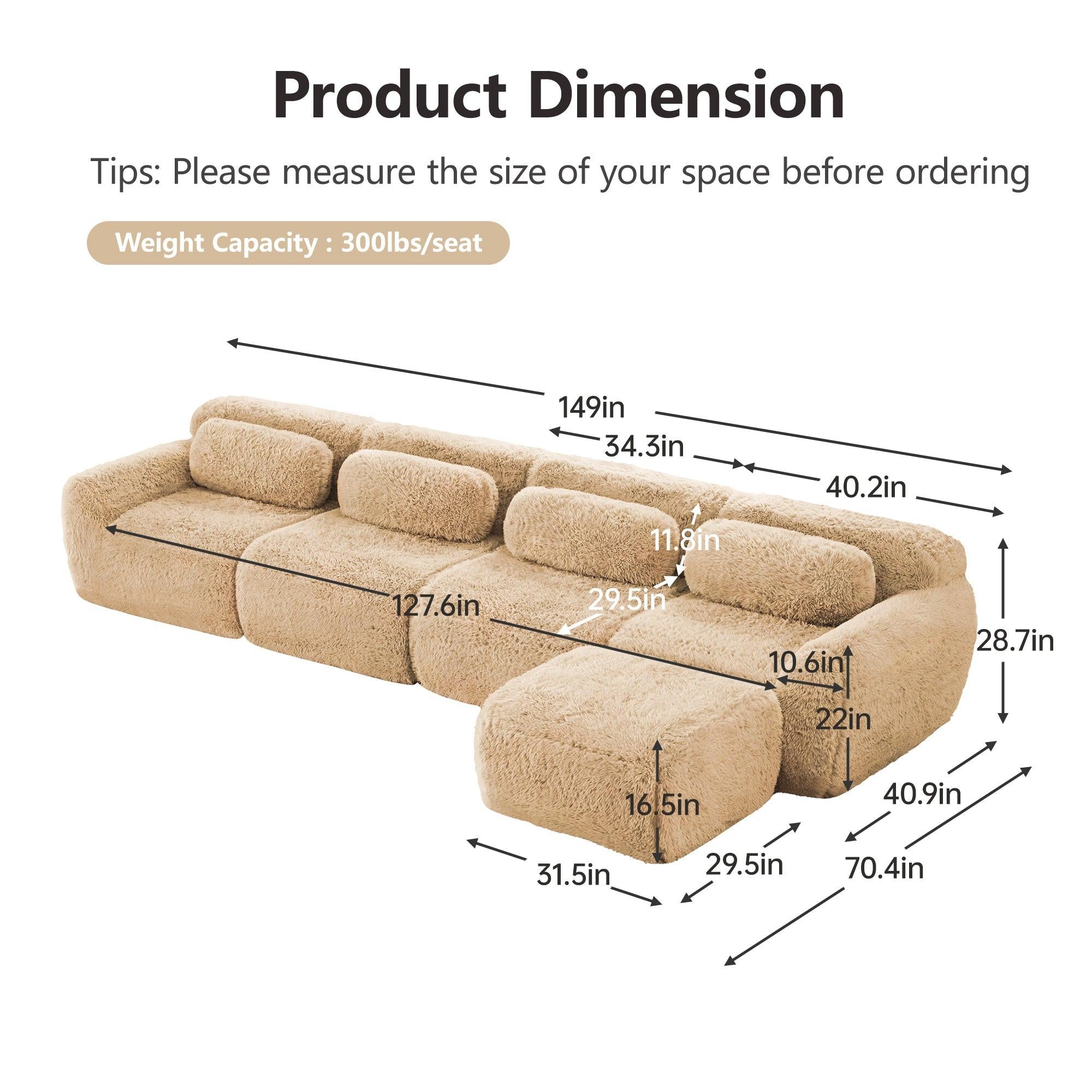 L-shaped Modular Sectional Sofa Couches, Plush Fabric, No Assembly, Light Khaki.