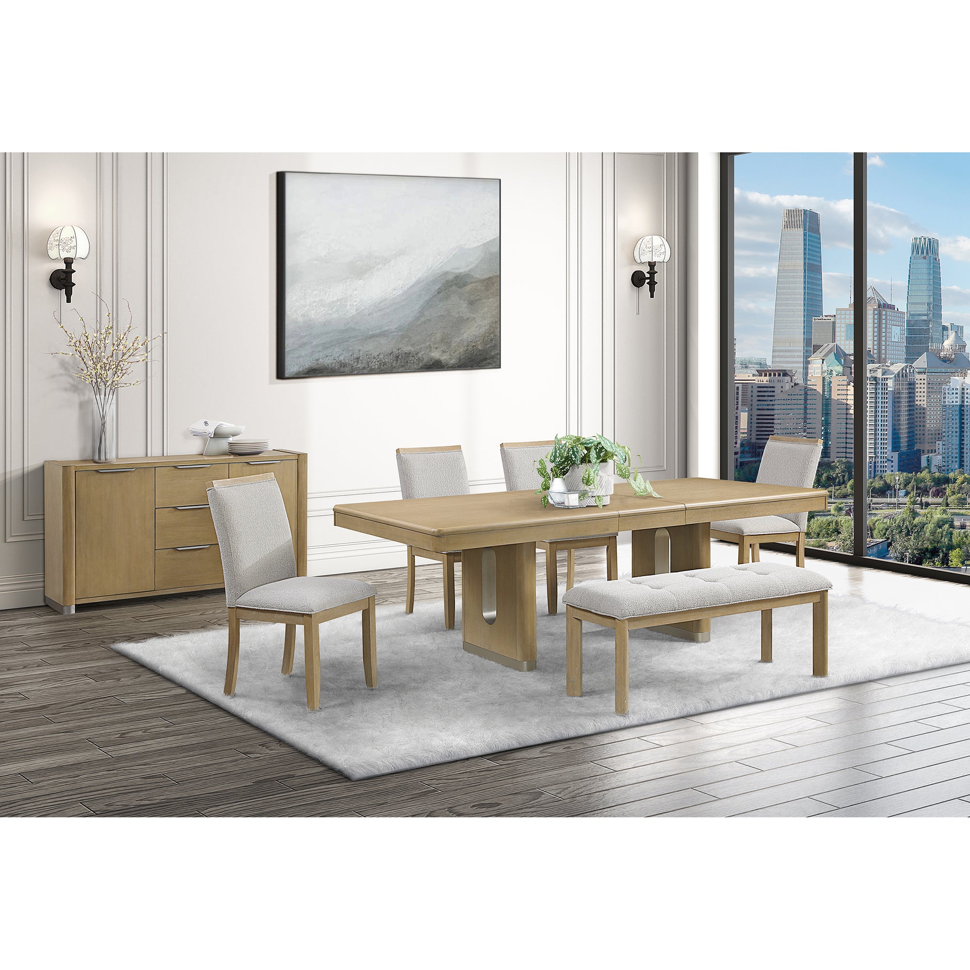 Morgan 6-Piece Natural Wood Dining Set with Bench and Upholstered Chairs