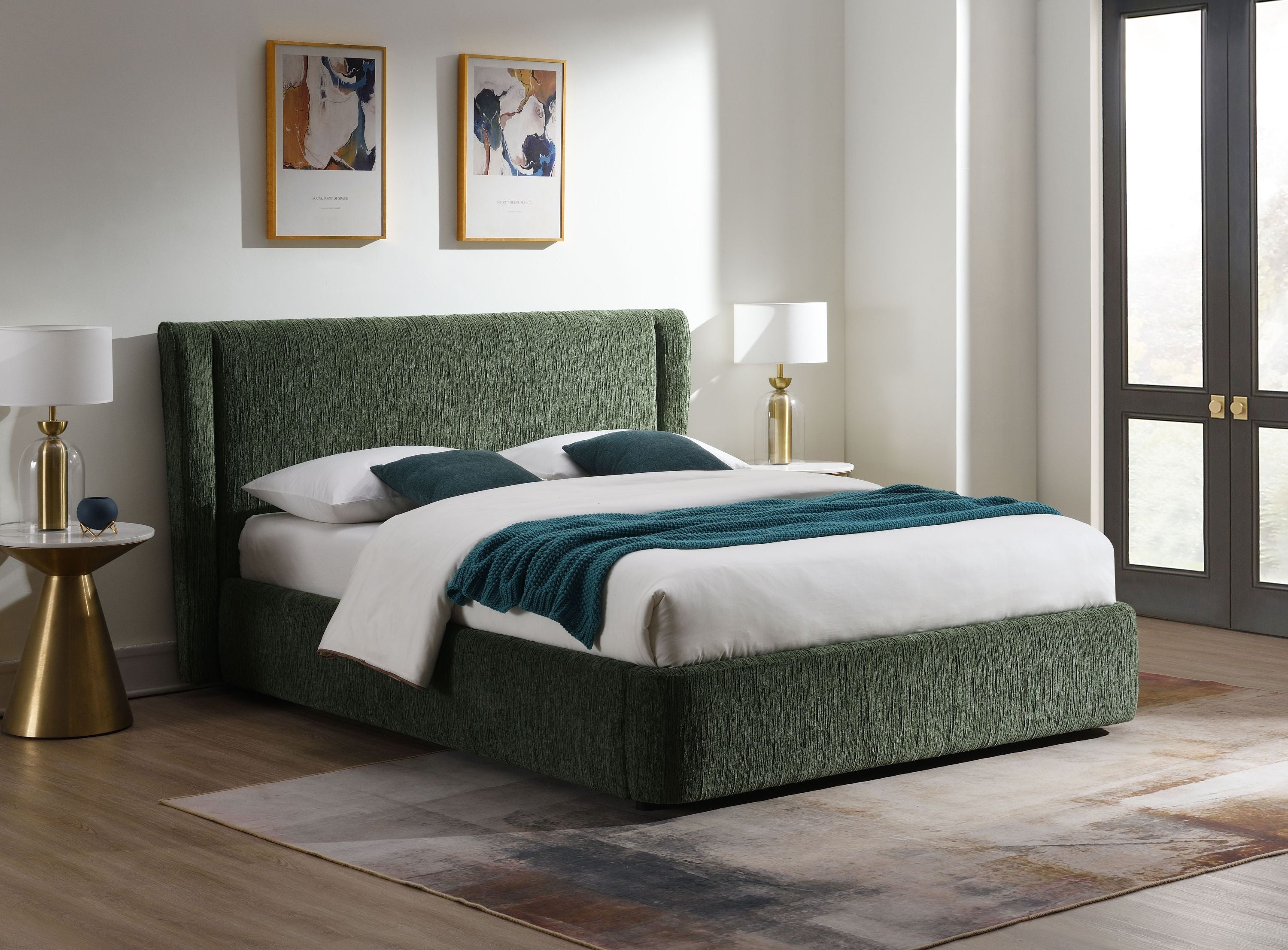 Chenille Queen Bed Dark Green with padded headboard in modern bedroom, tool-free assembly for stylish comfort and easy setup.