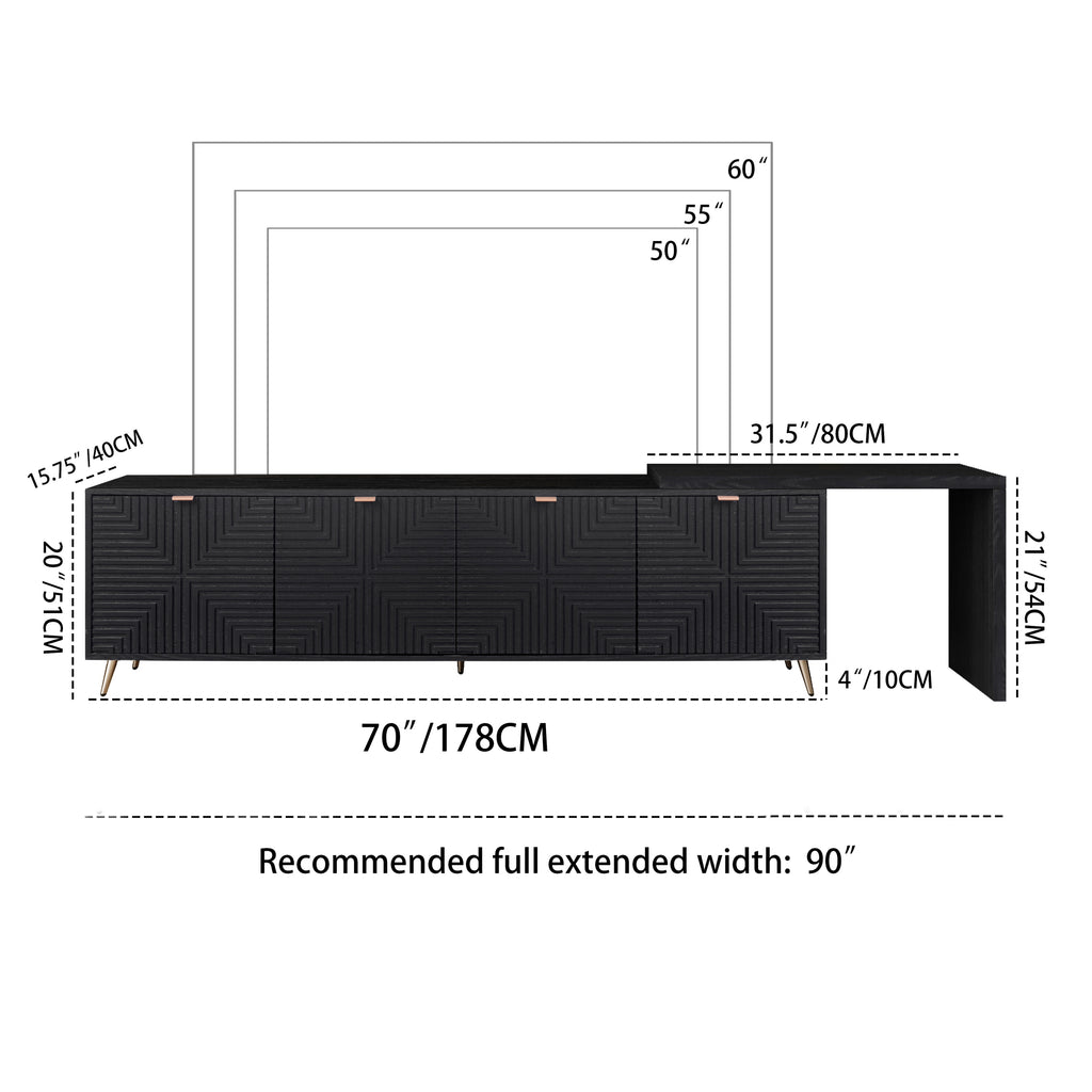 Dimension diagram of 70'-90' extendable black TV cabinet with adjustable width and height, suitable for TVs up to 60 inches.