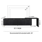 Dimension diagram of 70'-90' extendable black TV cabinet with adjustable width and height, suitable for TVs up to 60 inches.