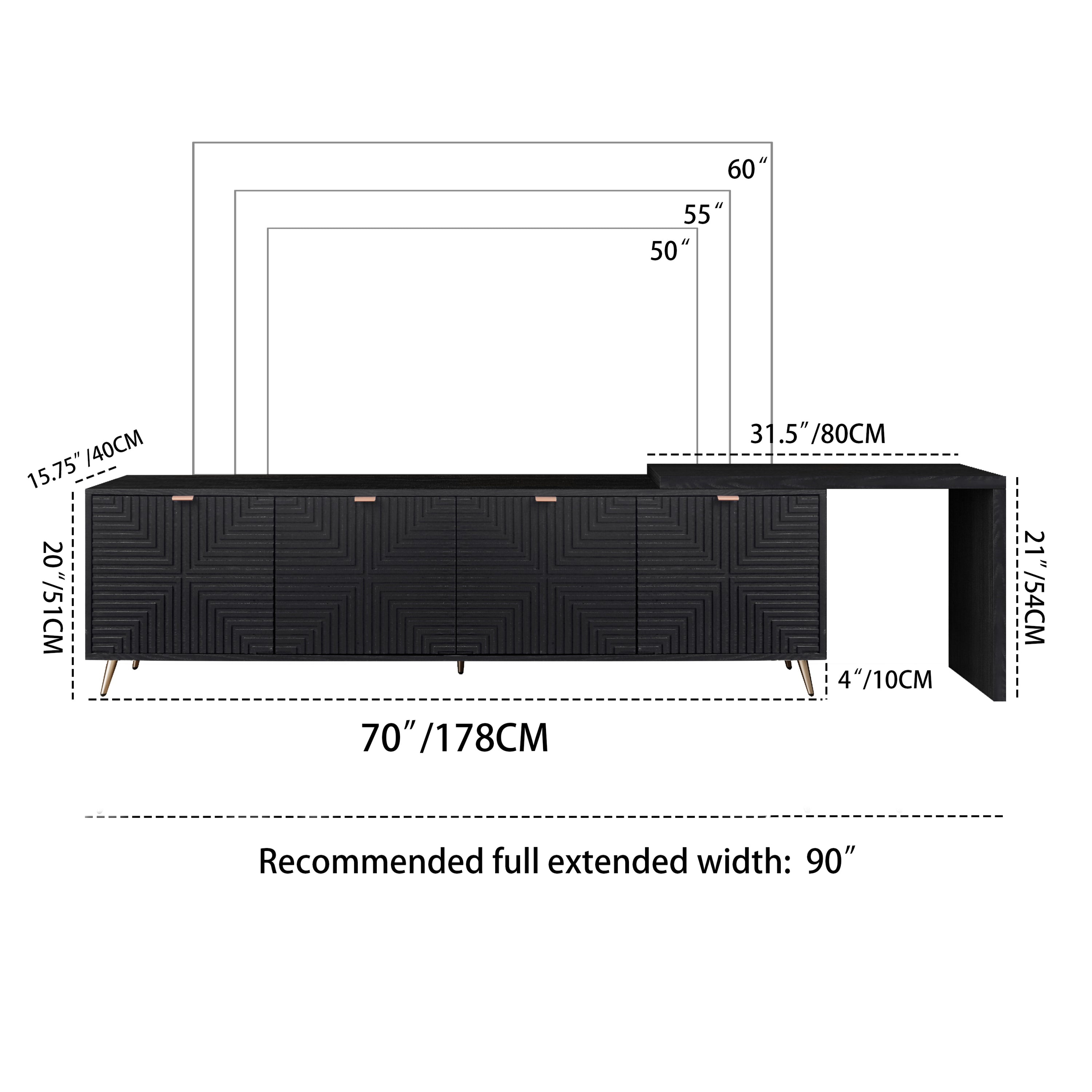 Dimension diagram of 70'-90' extendable black TV cabinet with adjustable width and height, suitable for TVs up to 60 inches.