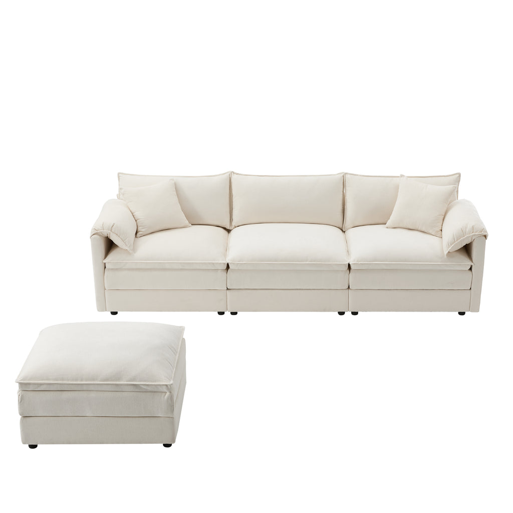 Chenille Modular Sofa with detached ottoman, offering flexible seating arrangements and deep seat comfort in a cream finish.
