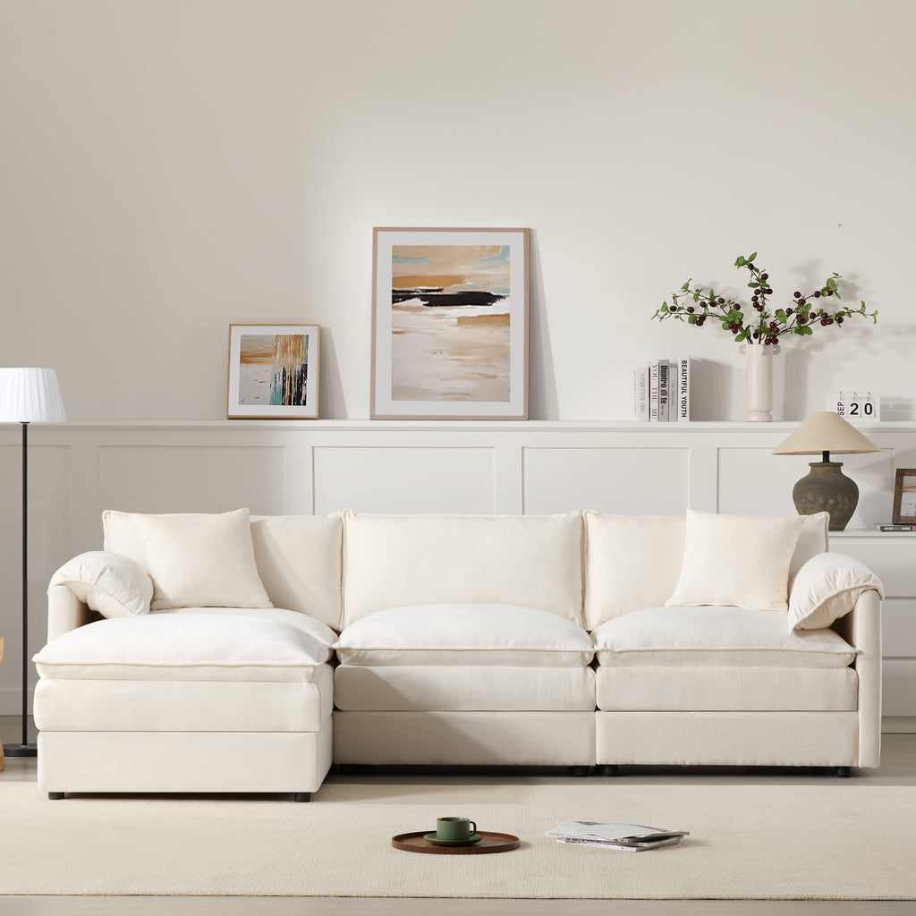 Chenille Modular Sofa in cream with deep seats, arranged in a straight configuration for flexible living room seating options.