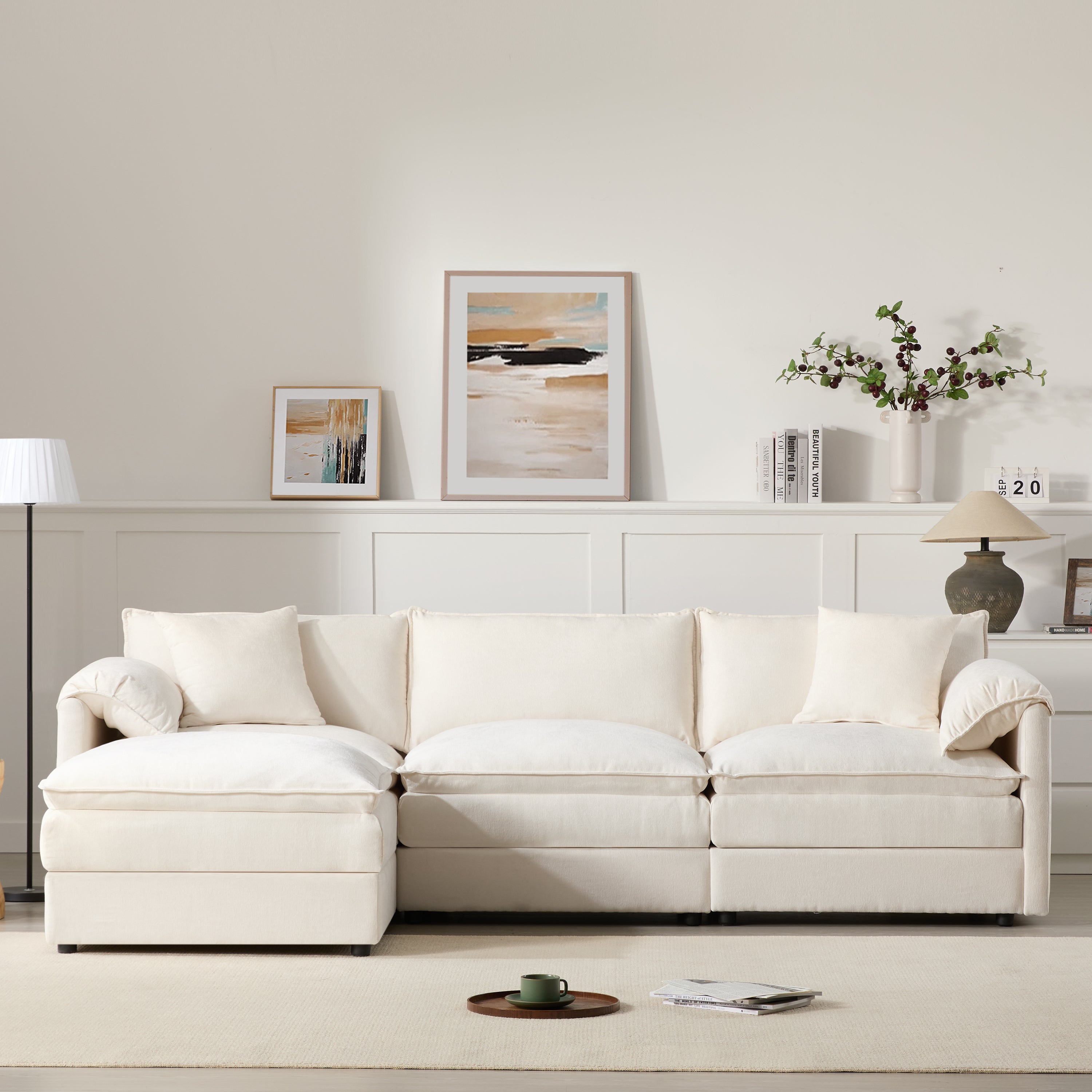 Chenille Modular Sofa in cream with deep seats, arranged in a straight configuration for flexible living room seating options.