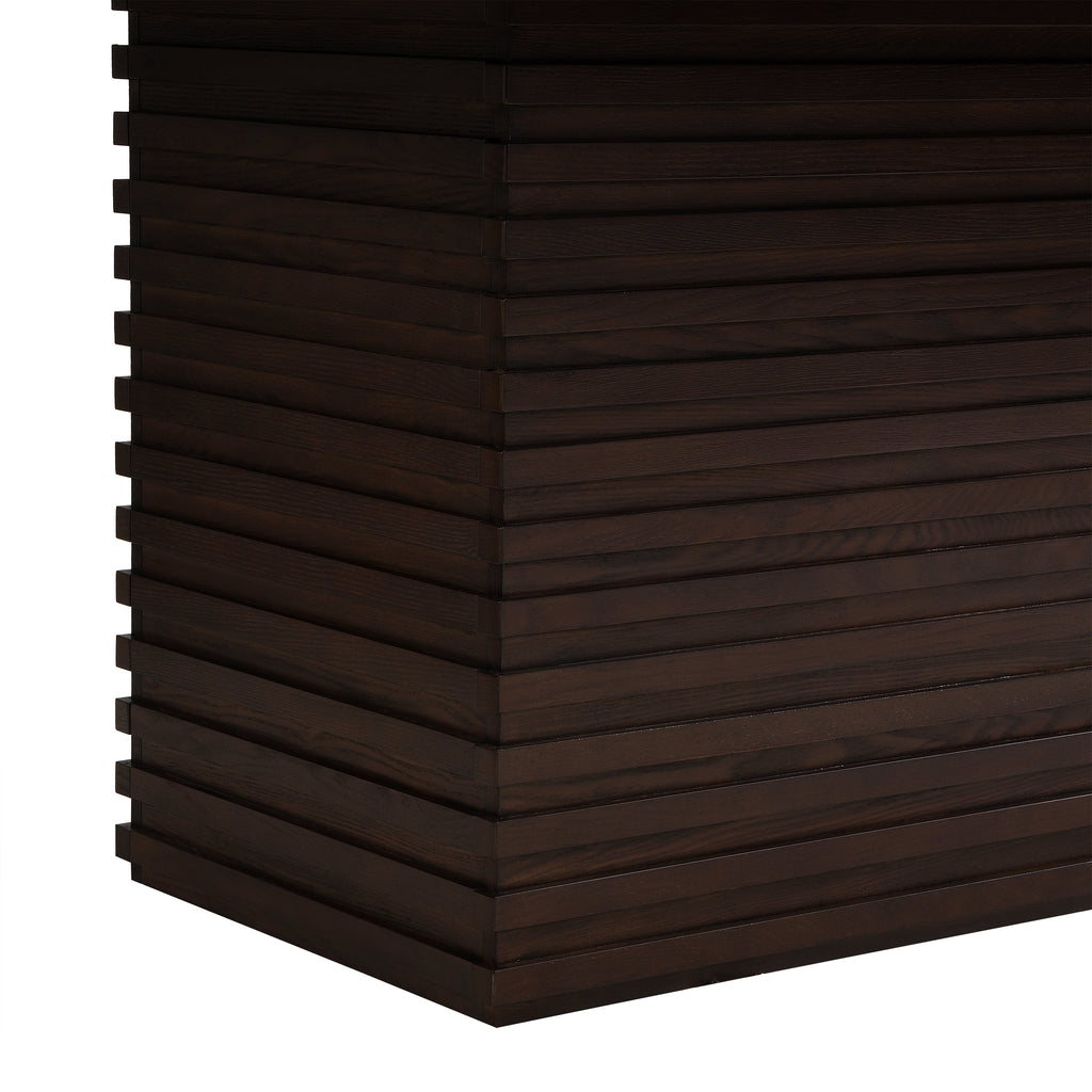 Detailed view of the espresso dining table’s pedestal base with horizontal wood slats, emphasizing its modern architectural design.