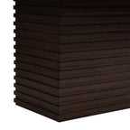 Detailed view of the espresso dining table’s pedestal base with horizontal wood slats, emphasizing its modern architectural design.