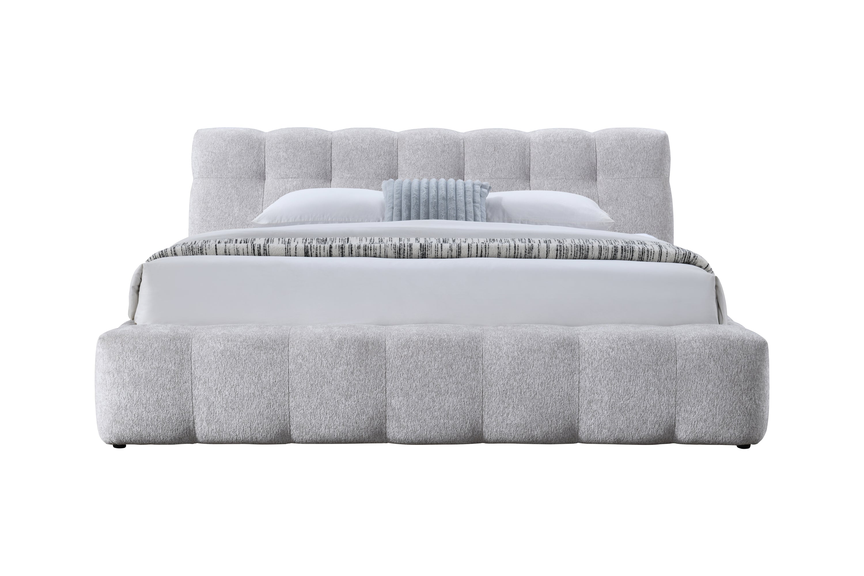 Front view of Eastern King Chenille Bed - King Size Bed with padded gray chenille upholstery and durable frame, no box spring required.