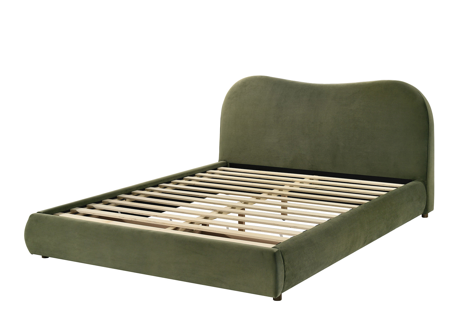 Olive Green Velvet King Bed frame with solid wood slats and curved headboard, ideal for modern bedrooms with storage needs.