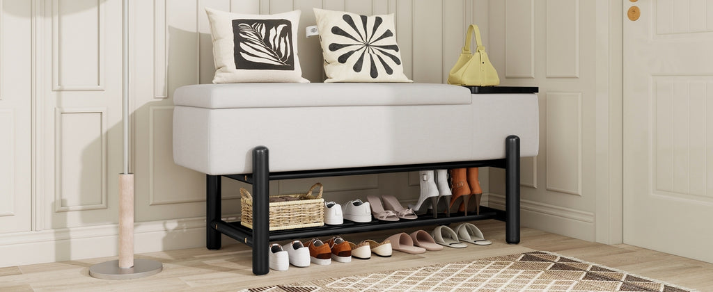 TREXM Farmhouse Upholstered Storage Bench with Hidden Compartment, Modern Entryway Bench for Living Room, Entryway, and Hallways (Black)