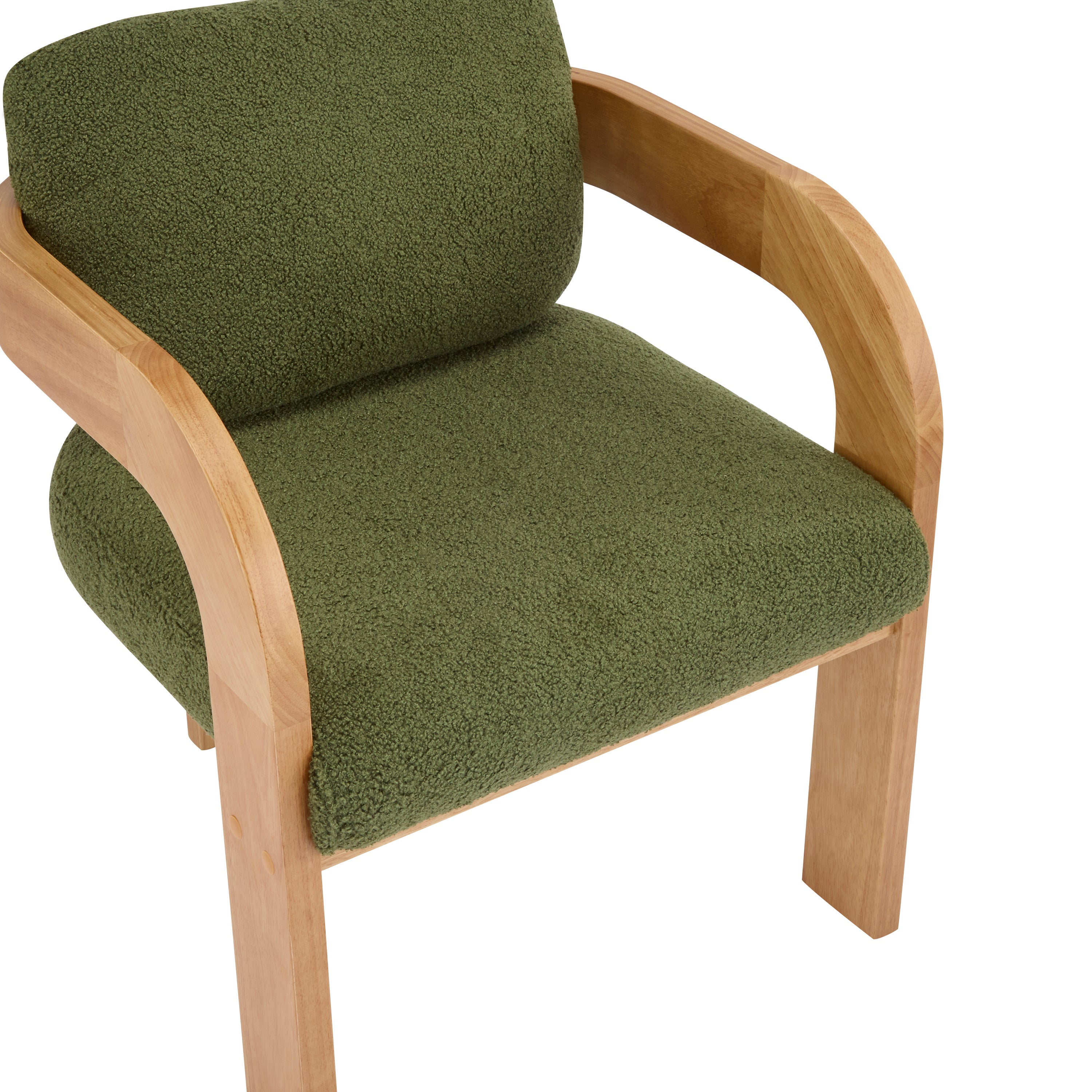 2-Pack Dining Chairs with Pillow Back, Green Boucle Fabric, Natural Color Solid Wood Frame