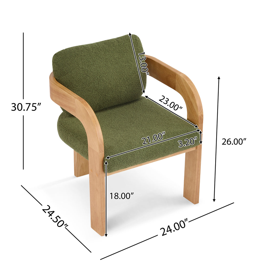 2-Pack Dining Chairs with Pillow Back, Green Boucle Fabric, Natural Color Solid Wood Frame