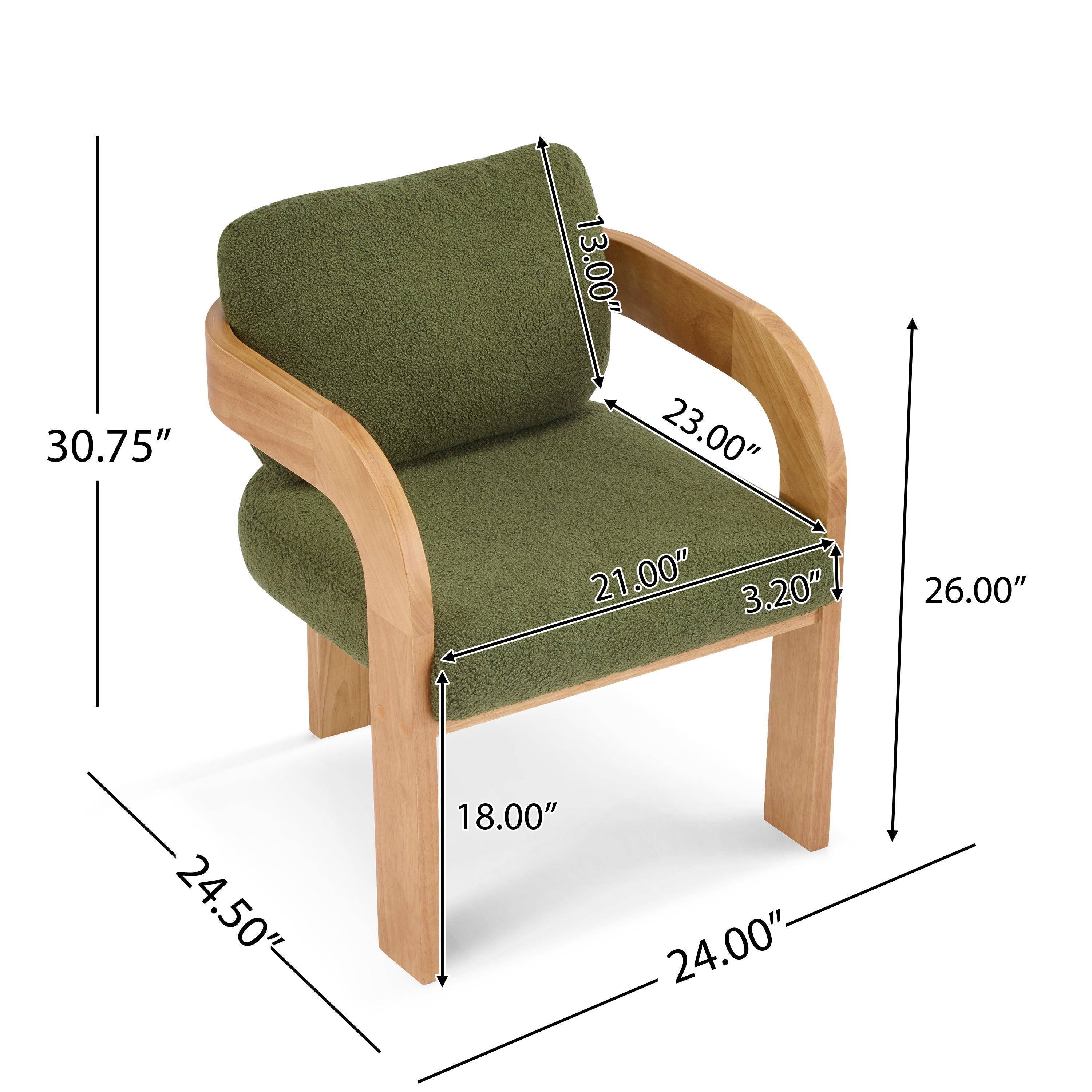 2-Pack Dining Chairs with Pillow Back, Green Boucle Fabric, Natural Color Solid Wood Frame