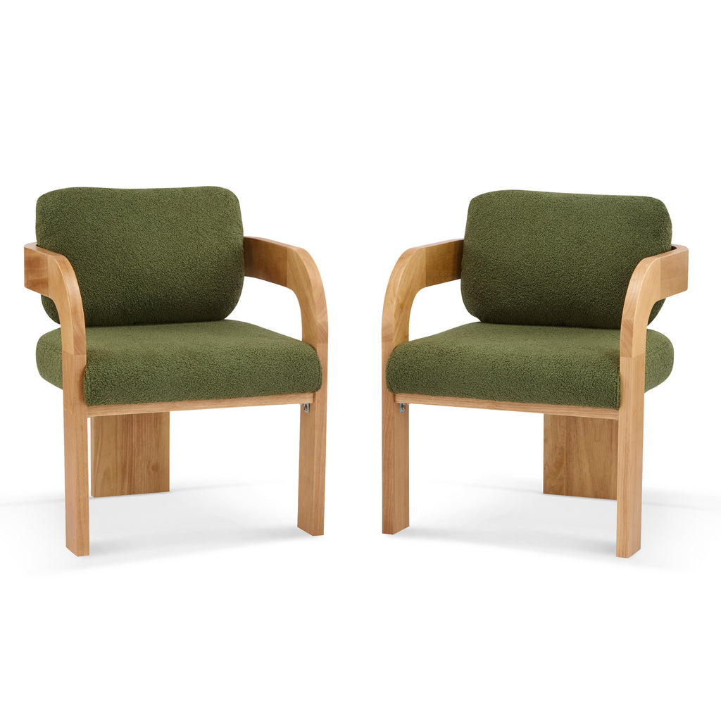 2-Pack Dining Chairs with Pillow Back, Green Boucle Fabric, Natural Color Solid Wood Frame