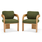 2-Pack Dining Chairs with Pillow Back, Green Boucle Fabric, Natural Color Solid Wood Frame