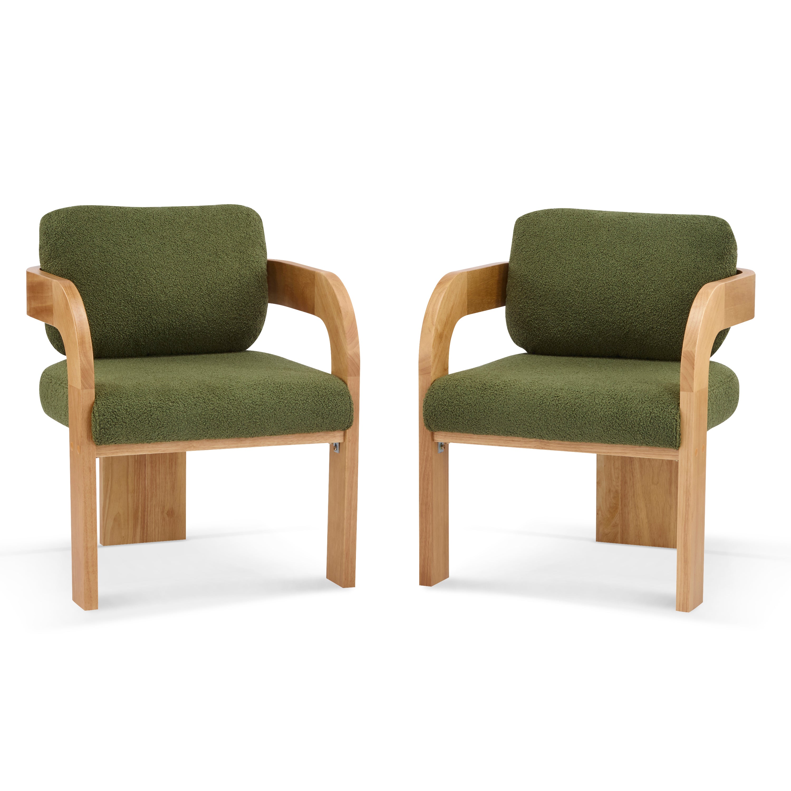 2-Pack Dining Chairs with Pillow Back, Green Boucle Fabric, Natural Color Solid Wood Frame