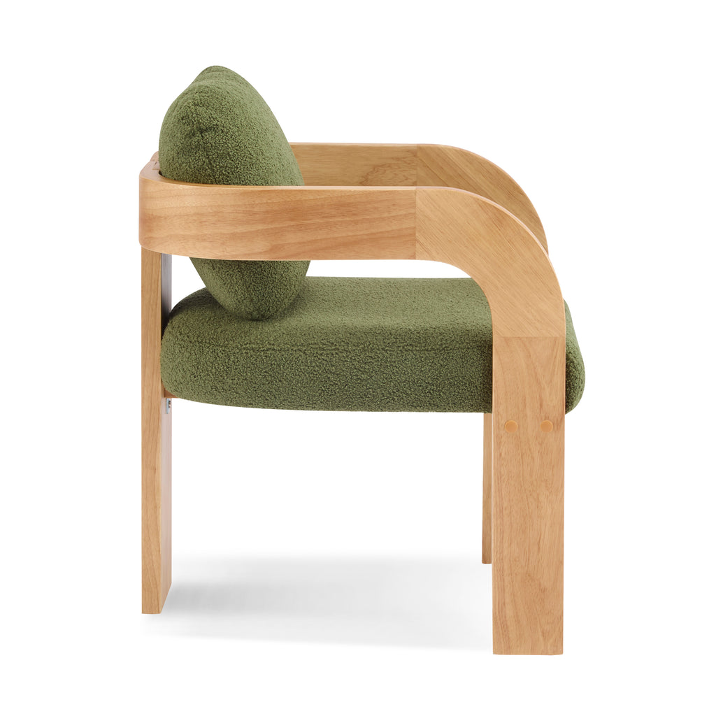 2-Pack Dining Chairs with Pillow Back, Green Boucle Fabric, Natural Color Solid Wood Frame