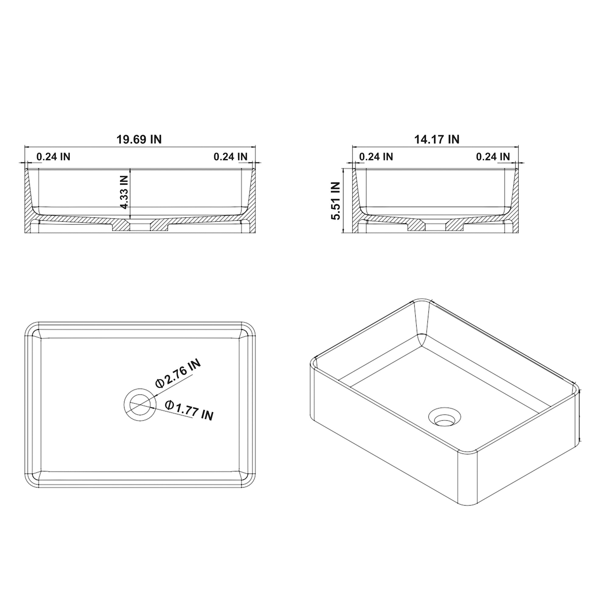 20 x 14 Solid Surface Vessel Bathroom Sink Basin in Matte White