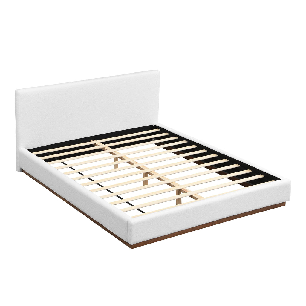 White Boucle Upholstered Bed - Queen Size with Solid Wood Frame.