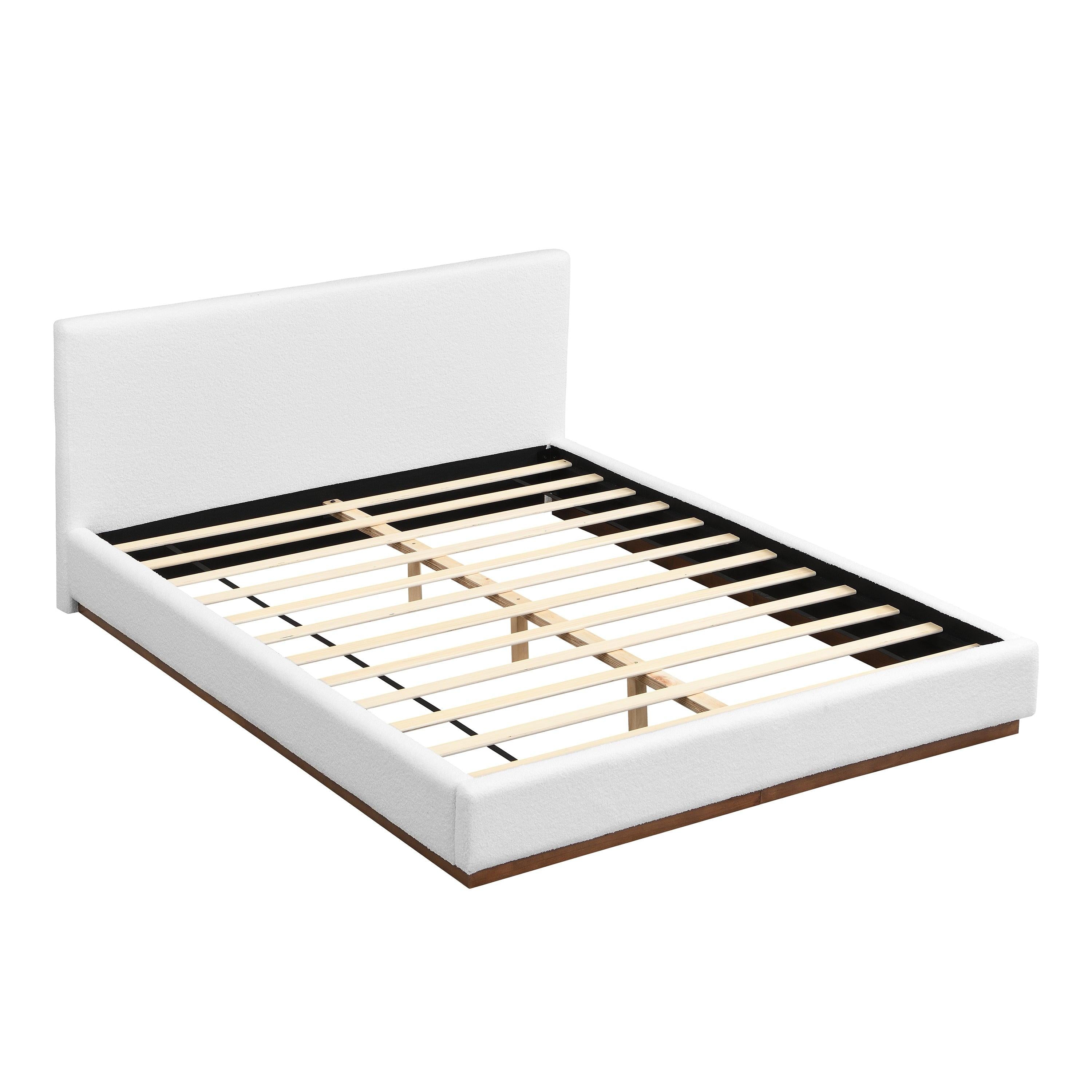 White Boucle Upholstered Bed - Queen Size with Solid Wood Frame.