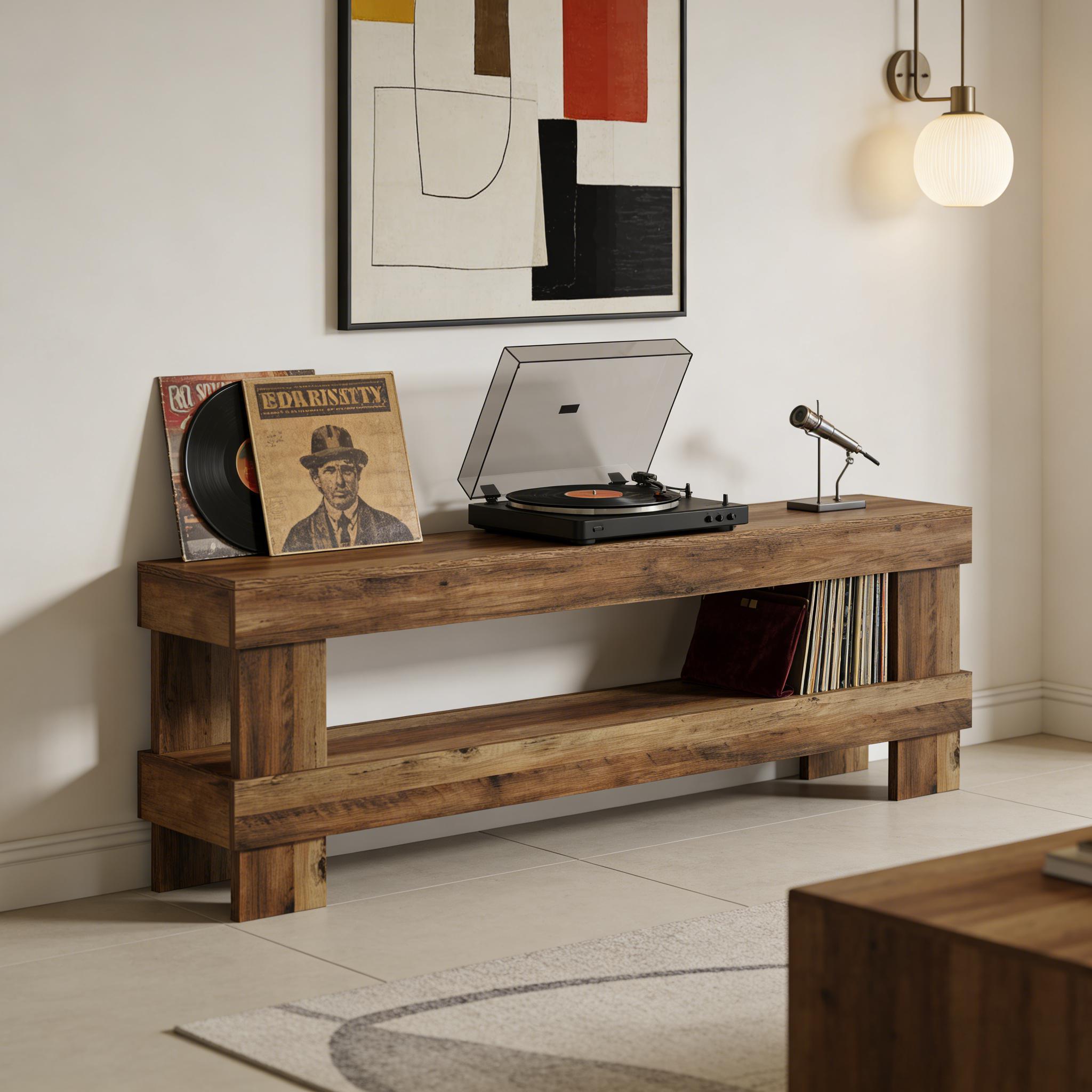 Rustic wooden storage bench with an open shelf, perfect for entryways or as a media console for vinyl records.