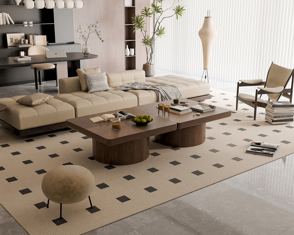 Pair of walnut square coffee tables with parquet tops in a contemporary living room setup with neutral-toned furniture.