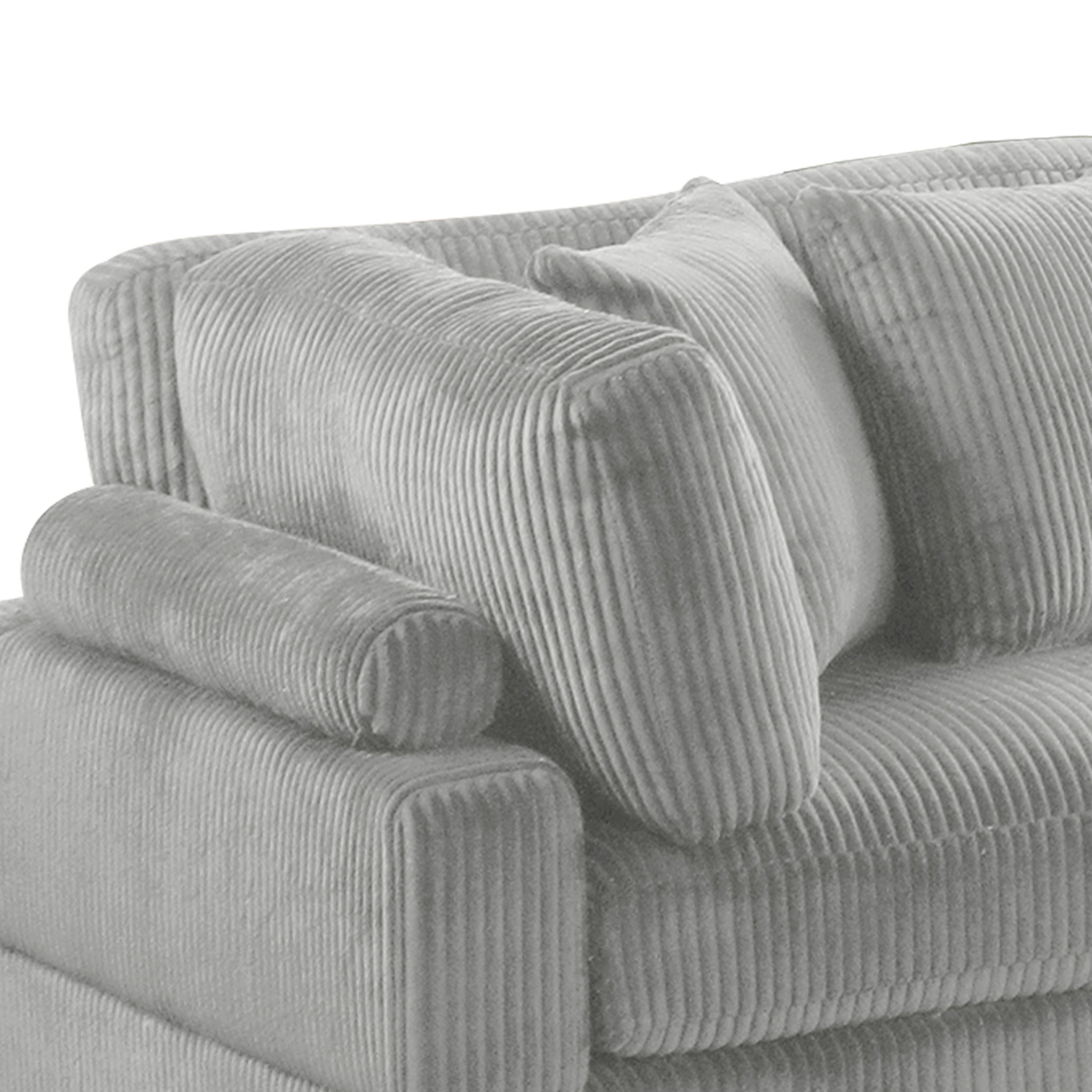 Close-up of Bentley Modular Sectional Sofa in gray corduroy fabric, showcasing plush cushions and modern ribbed texture.