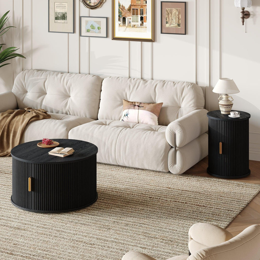 [Assembly Video] Mid-Century Coffee Table Set with Sliding Tambour Door, Round Fluted End Table With Storage, Golden Handle Tall & Low Side Table with Wooden Finish for Living Room, Set of Two, Black.