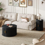 [Assembly Video] Mid-Century Coffee Table Set with Sliding Tambour Door, Round Fluted End Table With Storage, Golden Handle Tall & Low Side Table with Wooden Finish for Living Room, Set of Two, Black.
