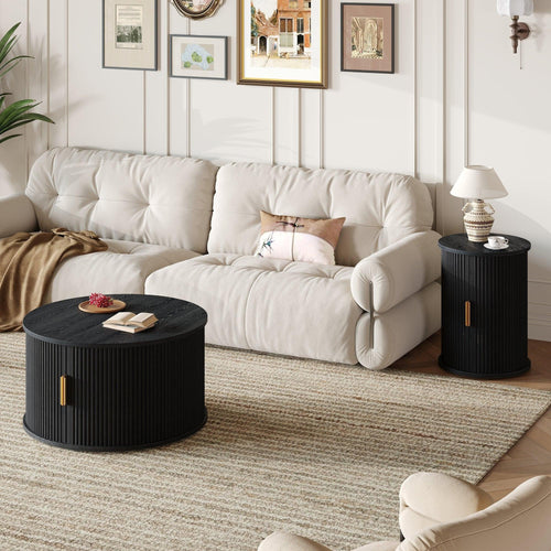 [Assembly Video] Mid-Century Coffee Table Set with Sliding Tambour Door, Round Fluted End Table With Storage, Golden Handle Tall & Low Side Table with Wooden Finish for Living Room, Set of Two, Black.