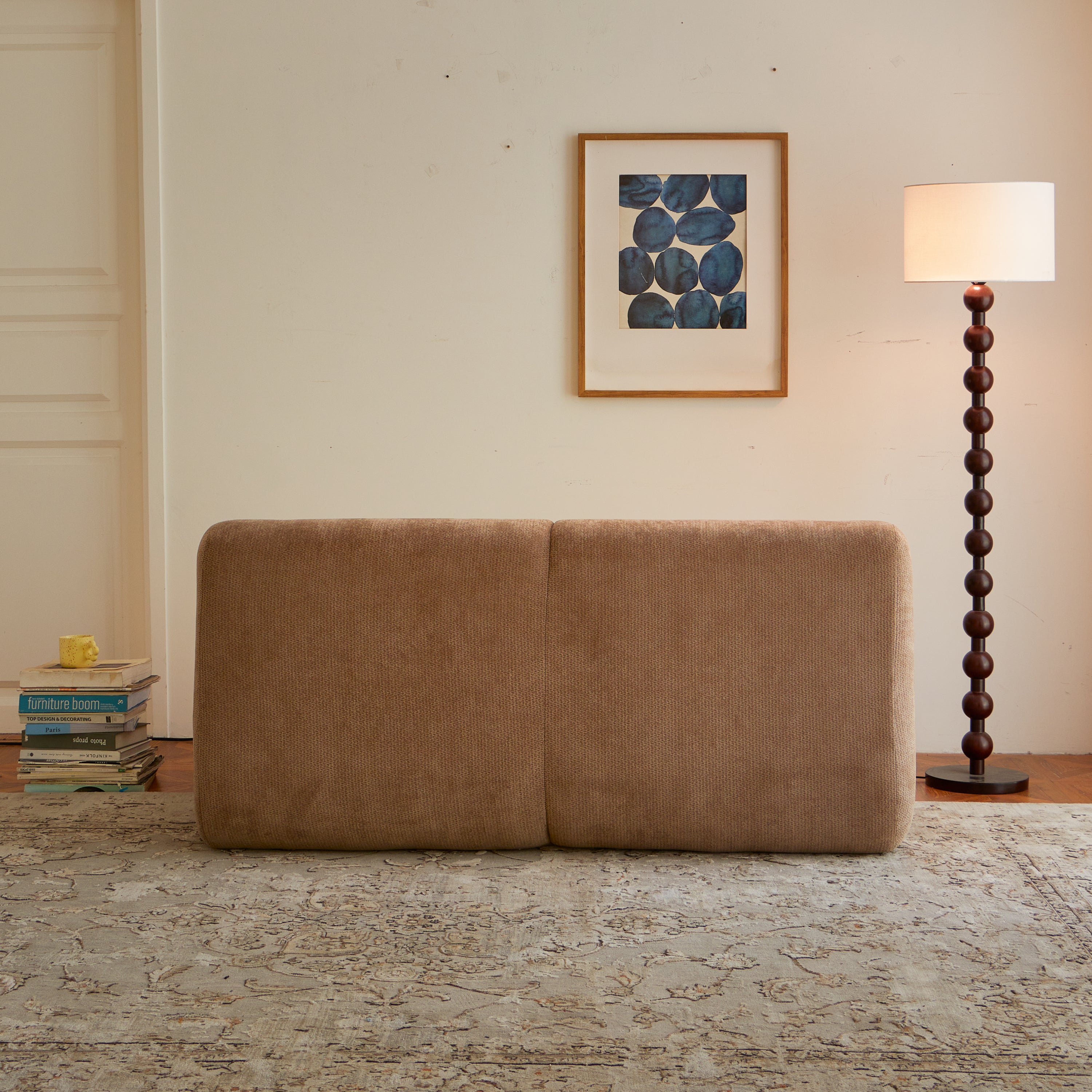 Rear view of Chenille Fabric 2-Seater Sofa in brown, showing its seamless back and compact profile for easy placement.
