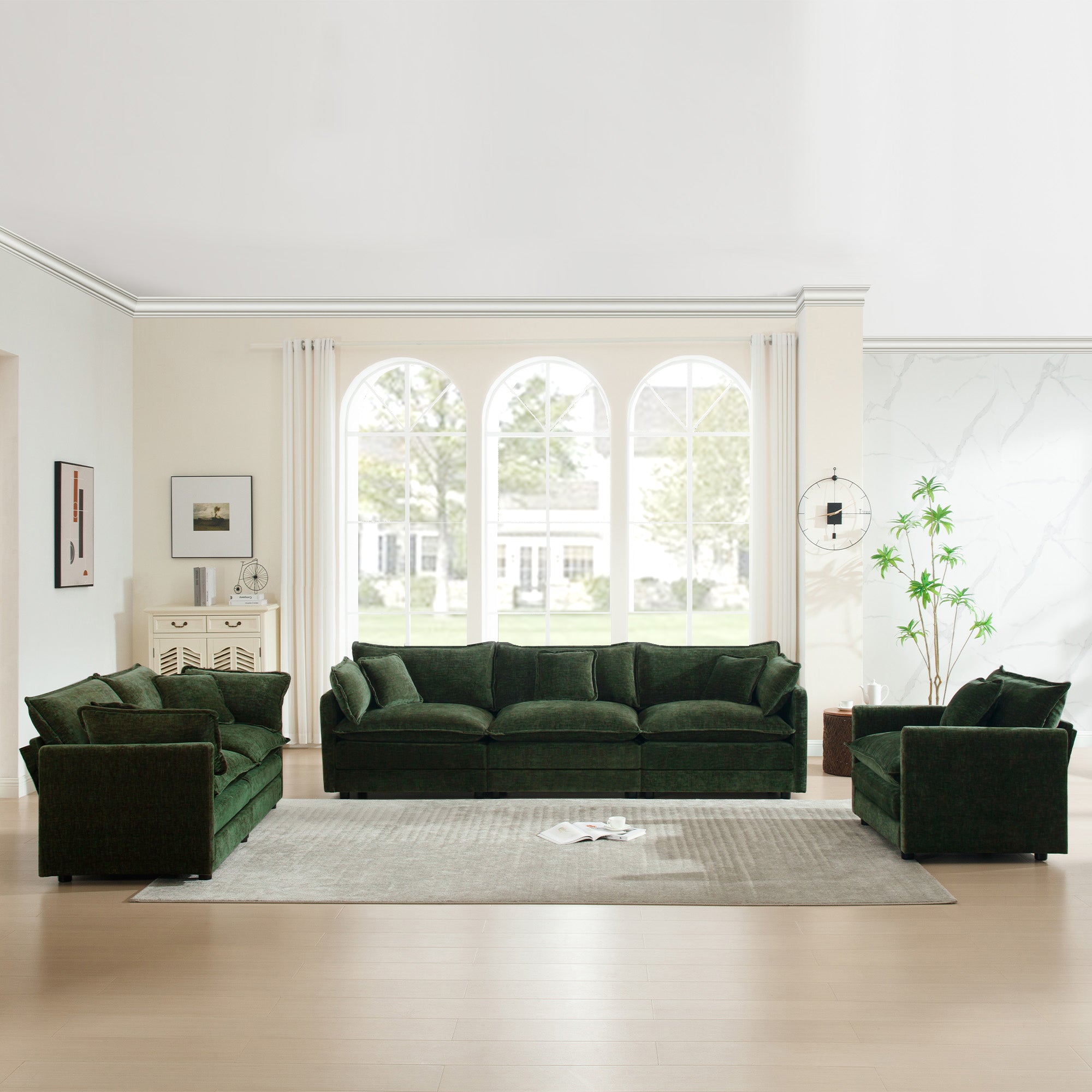 3-Piece Green Chenille Sectional Sofa with Deep Seating