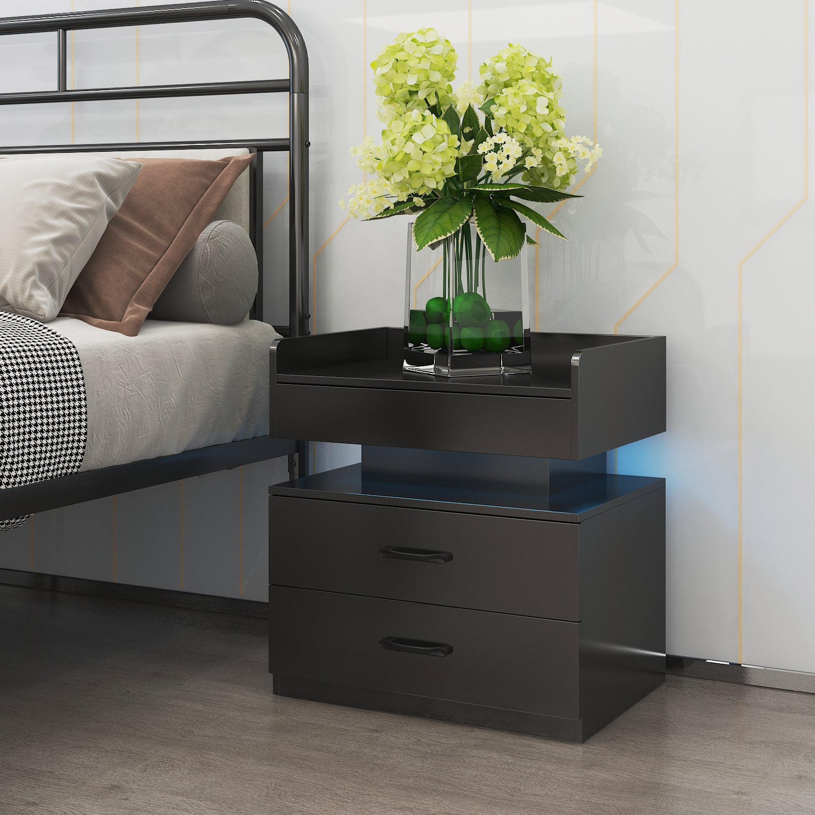 Modern black two-drawer nightstand with open storage shelf, integrated LED strip lighting, and matte black hardware.