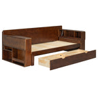 Queen Daybed with underbed drawer extended, espresso finish and multiple open storage compartments for organization.