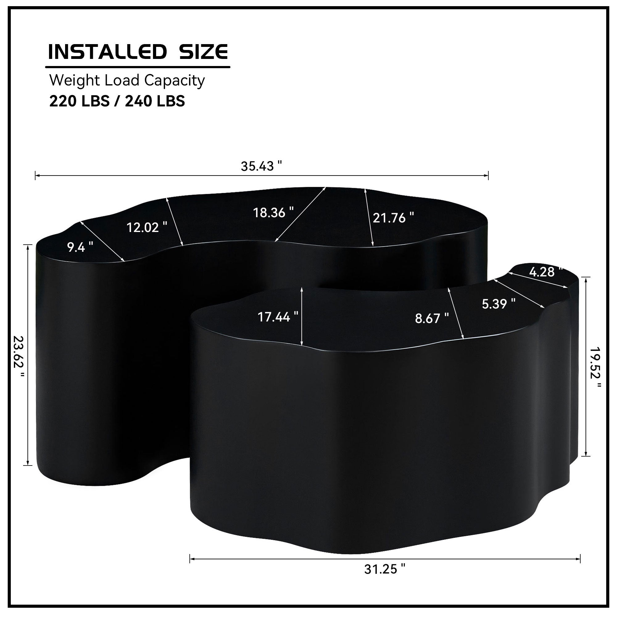 Dimensions of Unique MDF Coffee Table Set - Black shown with measurements. No assembly nesting tables with high weight capacity and artistic shape.