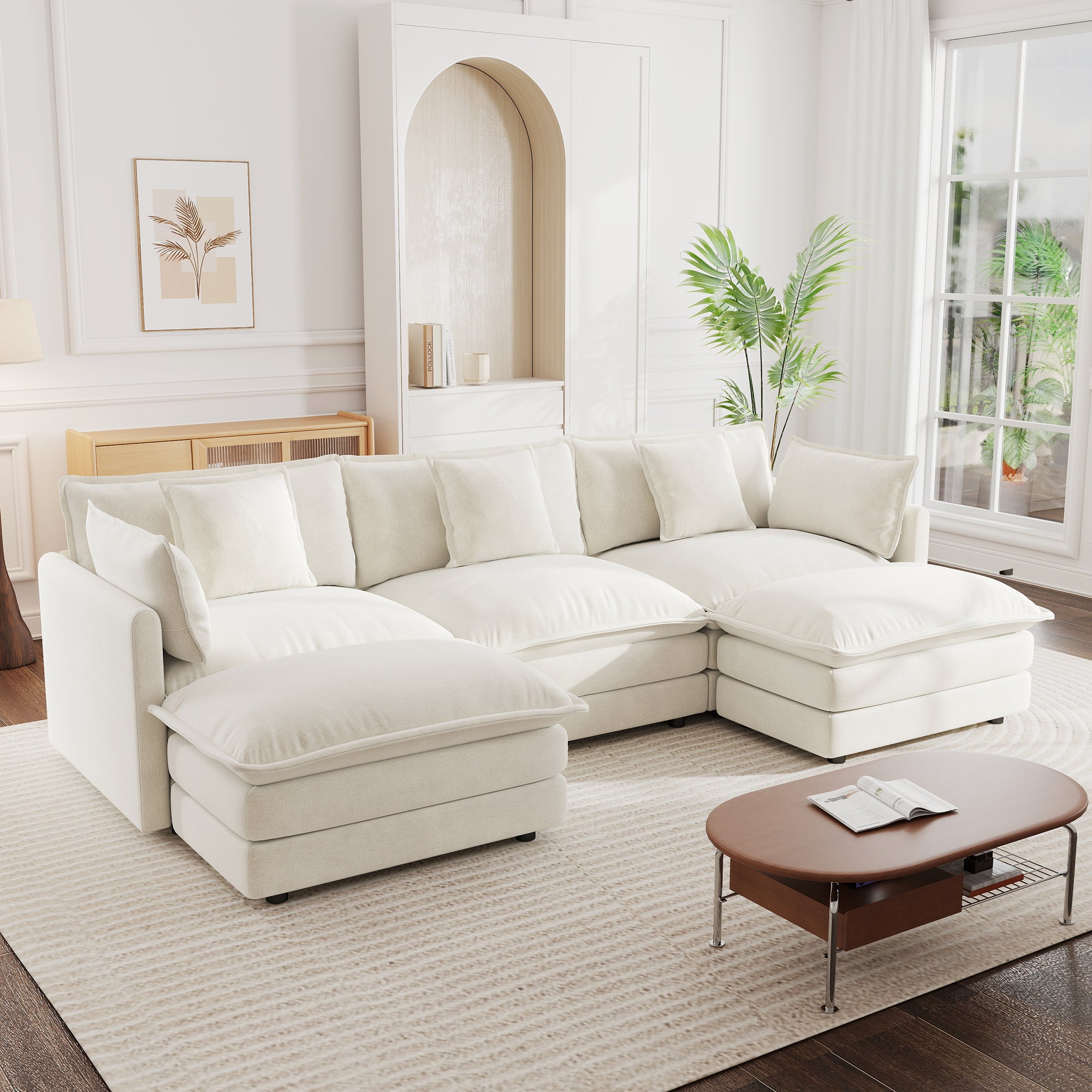 U-Shaped Chenille Sectional Sofa with Reversible Footrest in White