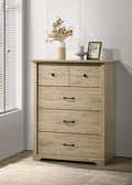 Elara 4-Drawer Light Oak Chest with Black Handles.