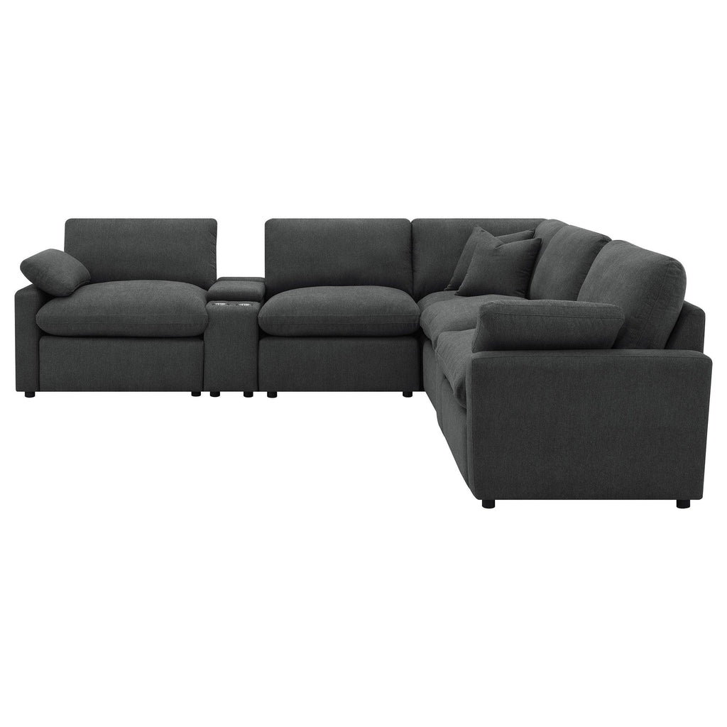 Modular Power Reclining Sectional in Dark Grey Fabric.