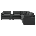 Modular Power Reclining Sectional in Dark Grey Fabric.