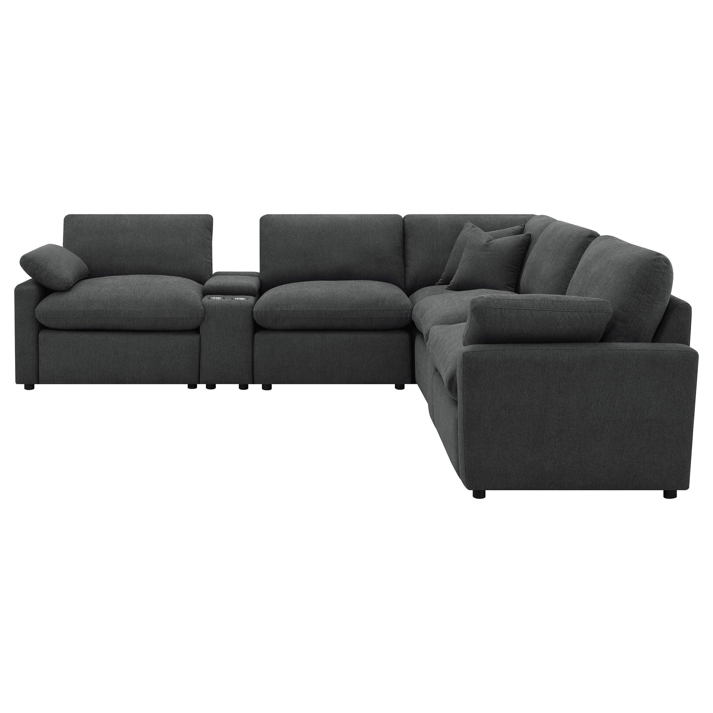 Modular Power Reclining Sectional in Dark Grey Fabric.