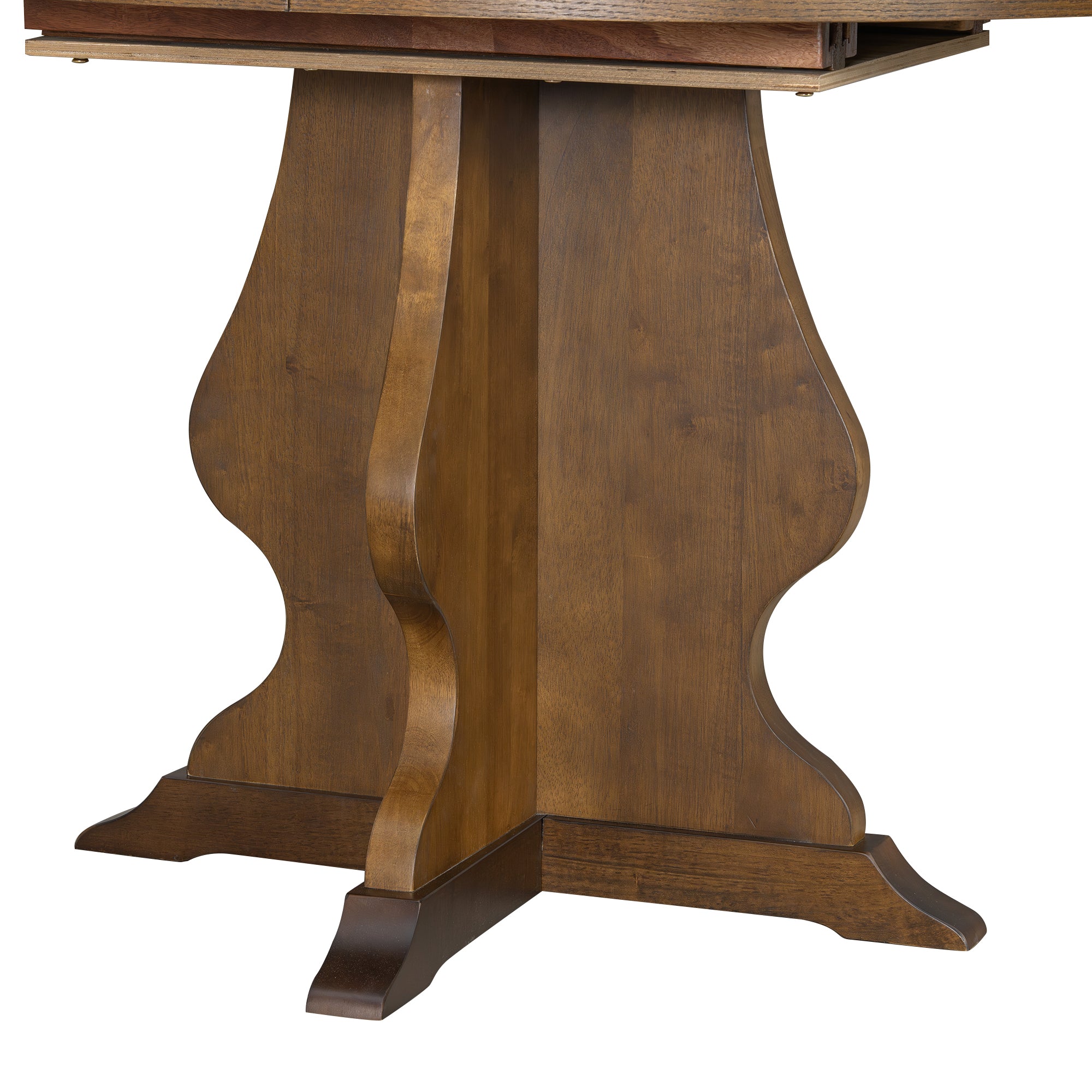 Close-up of pedestal base of farmhouse dining table with curved wood detailing. Adds elegance to rustic dining furniture.