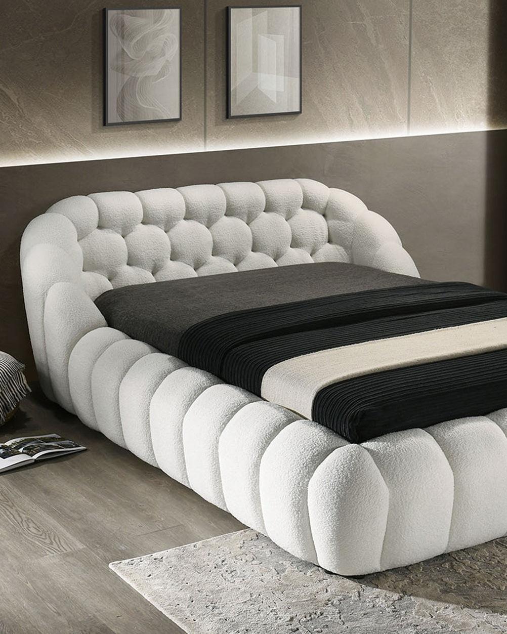 White Chenille King Size Bed with Contemporary Style.
