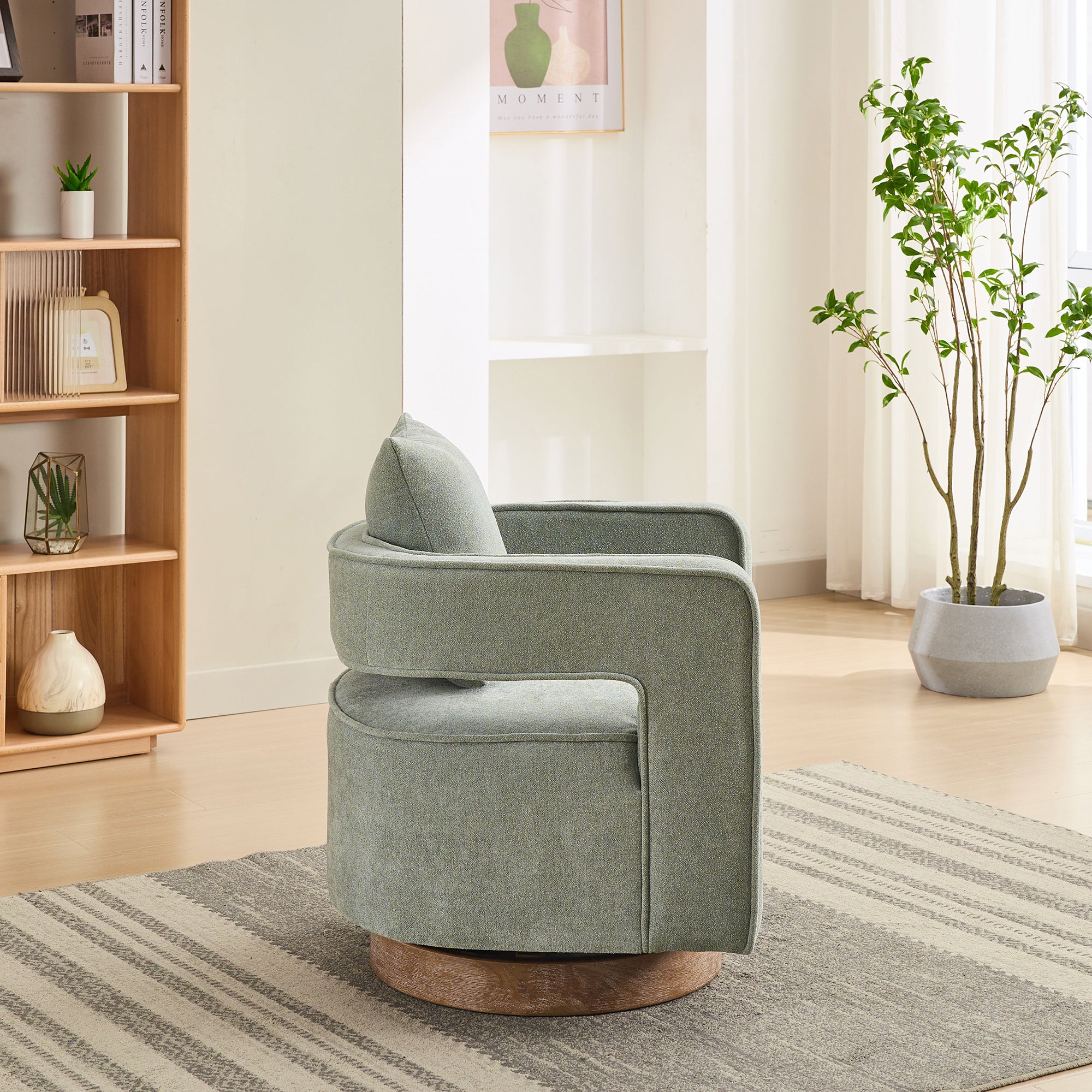 Side profile of Swivel Accent Chair Linen Blend - Weathered Base emphasizing the curved armrest and compact footprint.