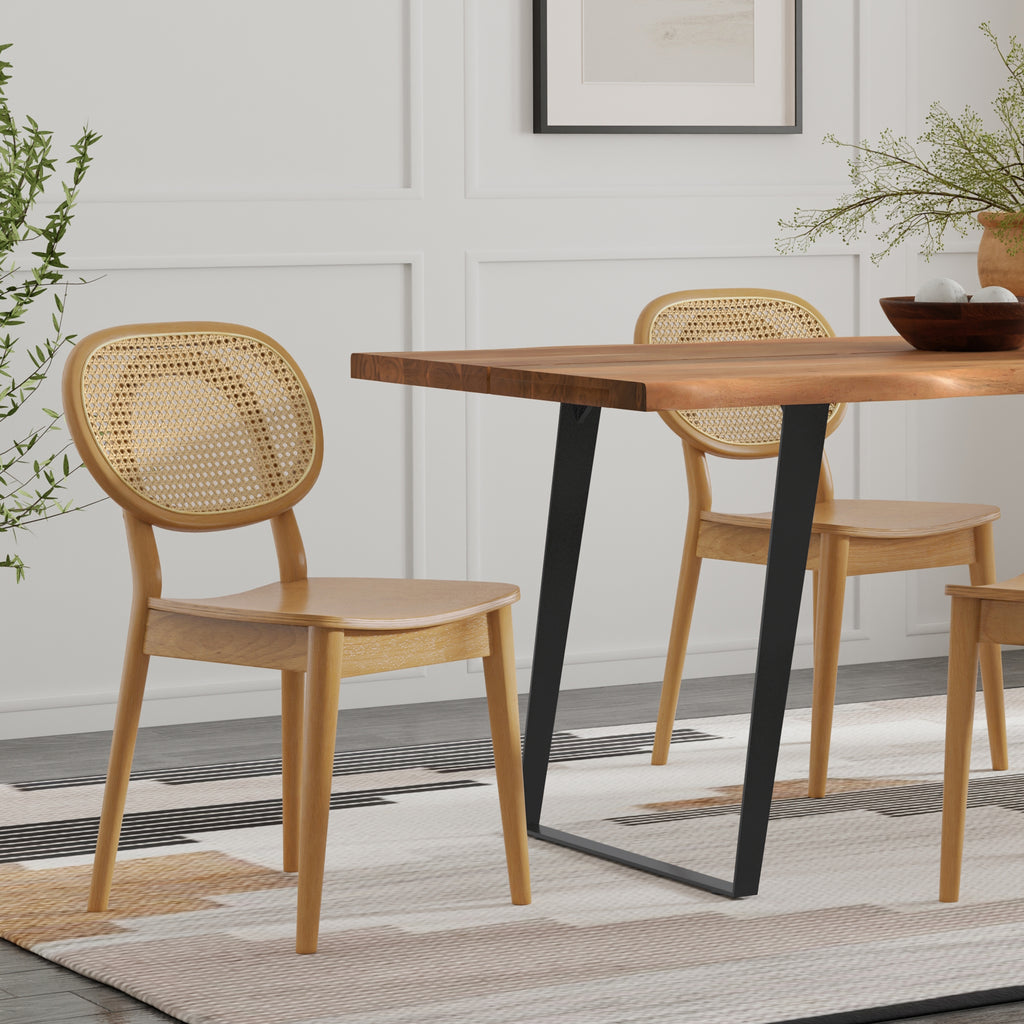 Set of brown rattan dining chairs with beech wood legs around a wooden dining table, ideal for eco-friendly and stylish interiors.