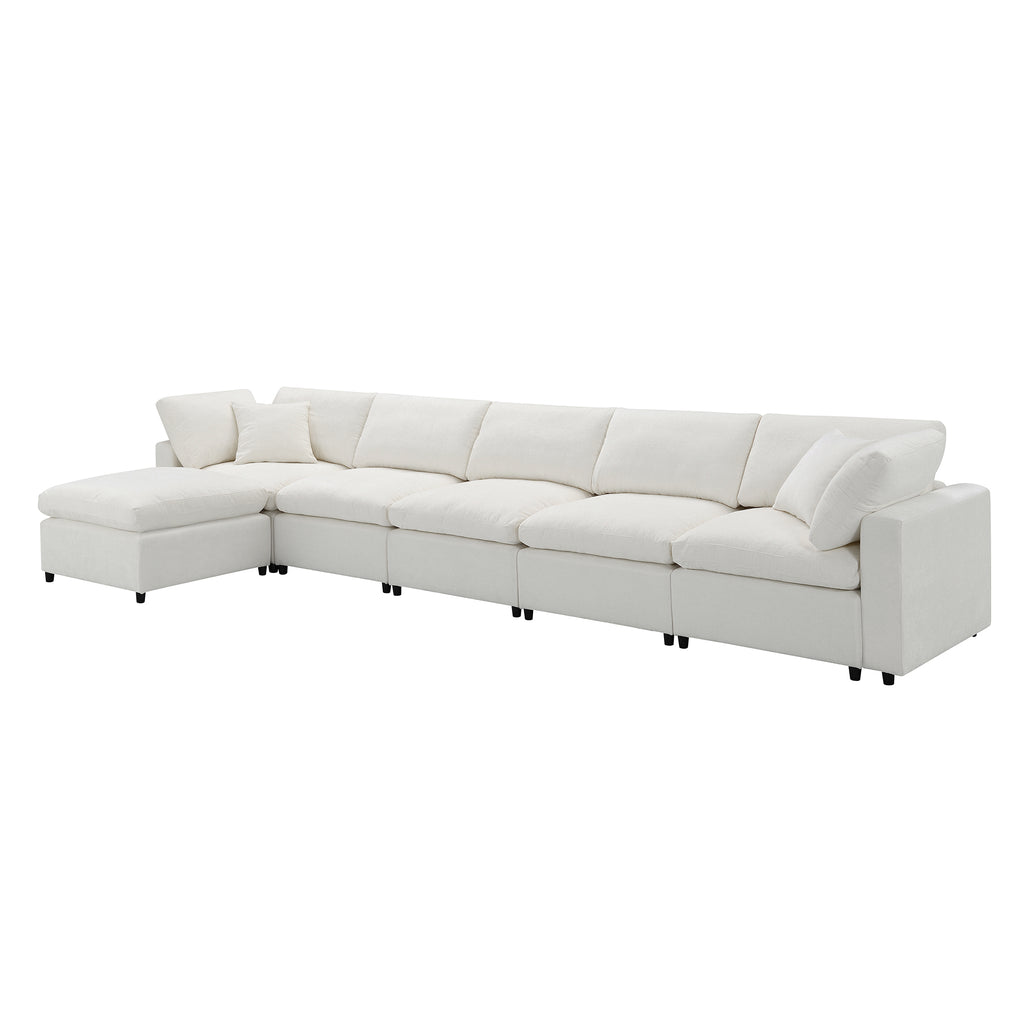 130' Modular Sofa Bed - Convertible 6 Seat Sectional in white chenille with left-facing chaise, ideal for flexible seating in modern living rooms.