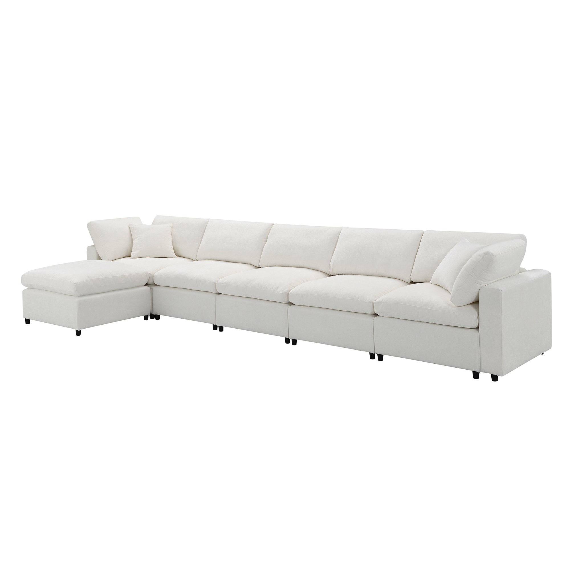 130' Modular Sofa Bed - Convertible 6 Seat Sectional in white chenille with left-facing chaise, ideal for flexible seating in modern living rooms.