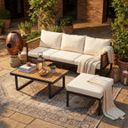 3-Piece Acacia Wood and Steel Outdoor Patio Sofa Set in Beige and Teak