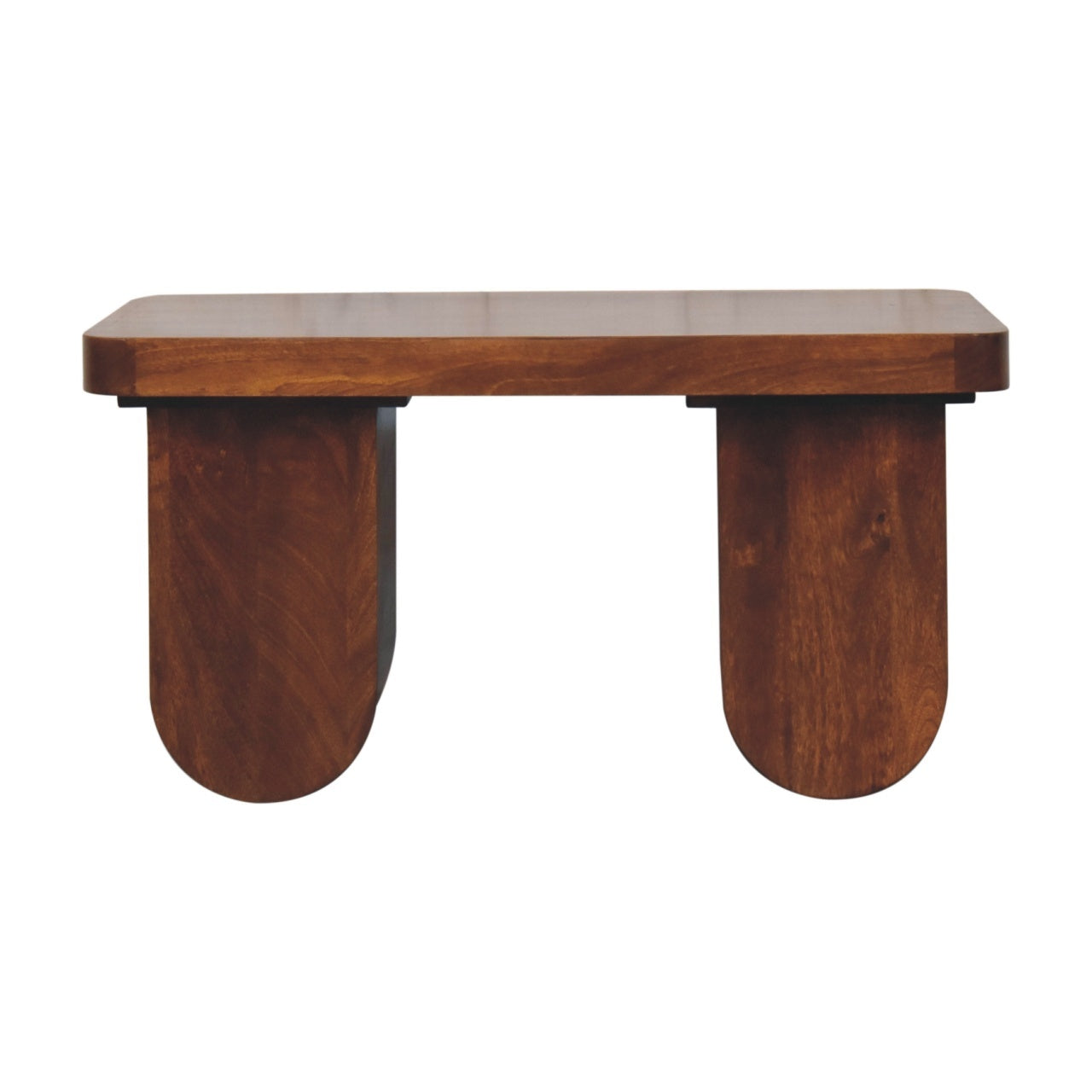 Solid wood coffee table with chunky rectangular top and rounded legs in chestnut finish, made from 100% mango wood.