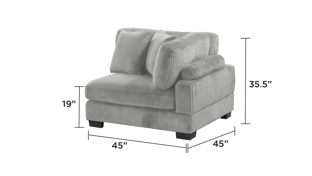 Bentley Modular Sectional Sofa corner unit in gray, measuring 45x45 inches, crafted with corduroy fabric and deep cushioned comfort.