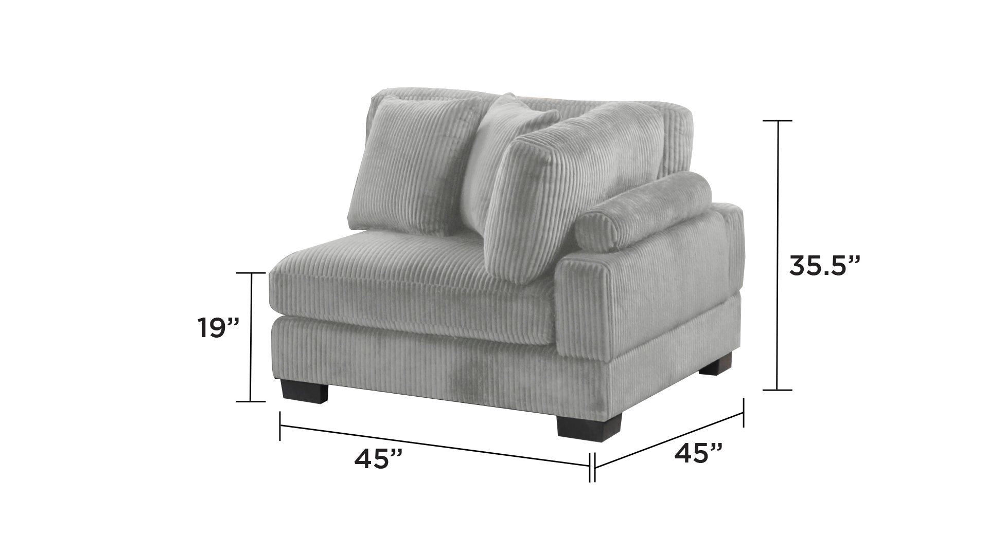 Bentley Modular Sectional Sofa corner unit in gray, measuring 45x45 inches, crafted with corduroy fabric and deep cushioned comfort.
